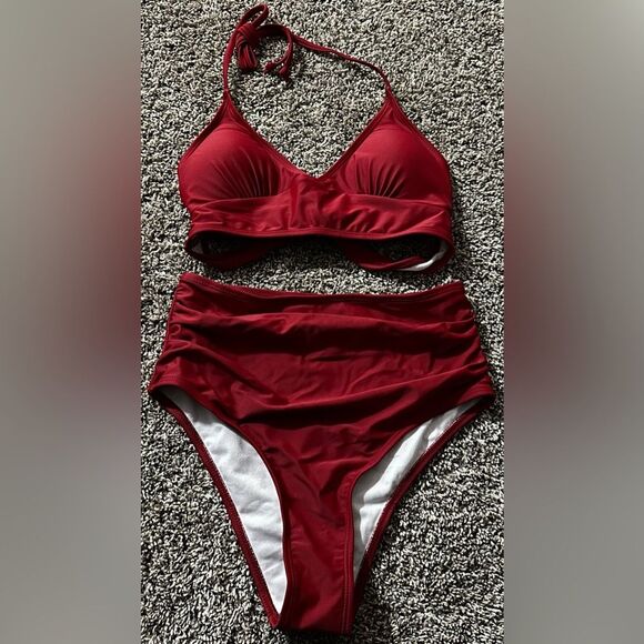 Halter Bikini 2 Piece High Waisted Red Wine Maroon Swimsuit (114) - Picture 2 of 4